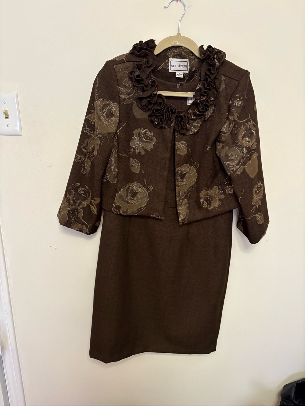 Vintage Karin Stevens 2-Piece Dress & Jacket Set Brown Rose Floral Ruffle Sz 6
